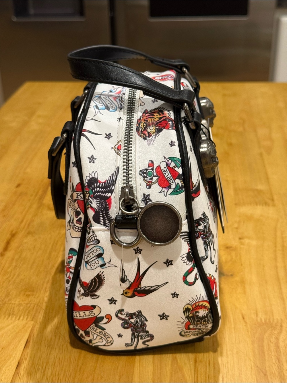 Ed Hardy White Tattoo Print Dome Satchel with Skull Hardware - Picture 3 of 16